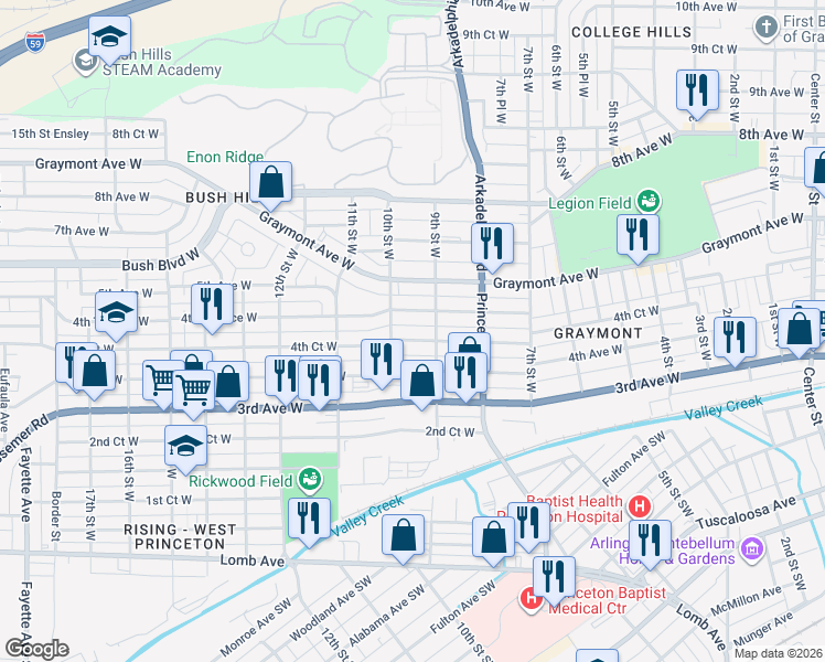 map of restaurants, bars, coffee shops, grocery stores, and more near 920 4th Court West in Birmingham