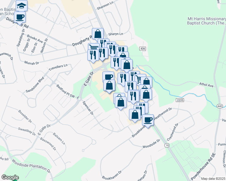 map of restaurants, bars, coffee shops, grocery stores, and more near 2441 Whiskey Road in Aiken