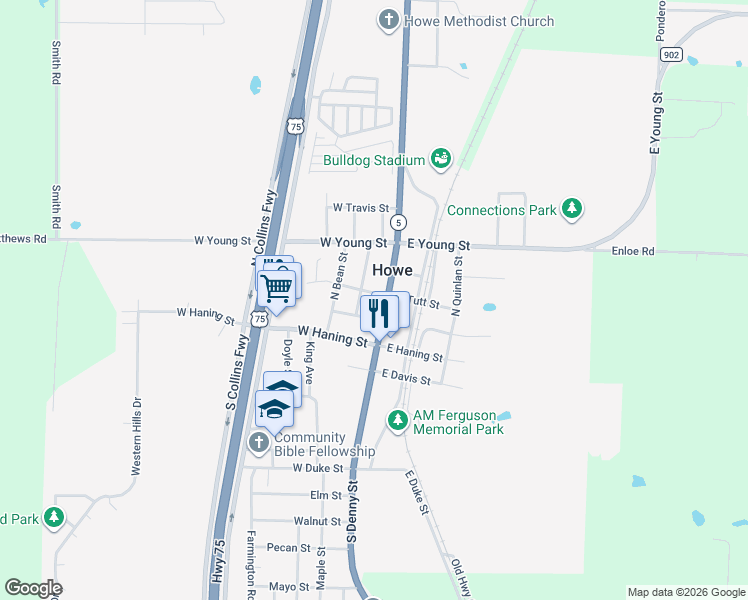 map of restaurants, bars, coffee shops, grocery stores, and more near 106 West Tutt Street in Howe