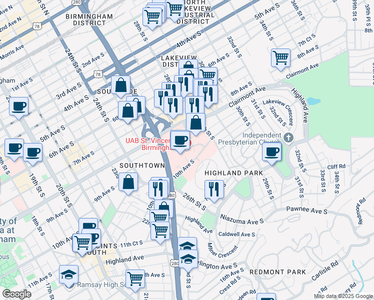 map of restaurants, bars, coffee shops, grocery stores, and more near 810 Saint Vincents Drive in Birmingham