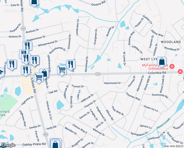 map of restaurants, bars, coffee shops, grocery stores, and more near Columbia Road in Augusta