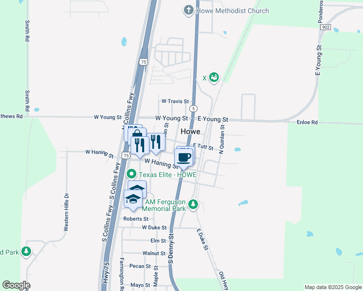 map of restaurants, bars, coffee shops, grocery stores, and more near 106 West Tutt Street in Howe