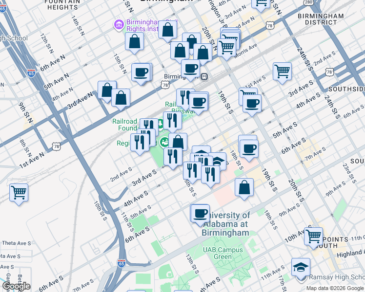map of restaurants, bars, coffee shops, grocery stores, and more near 200 16th Street South in Birmingham