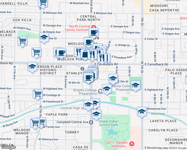 map of restaurants, bars, coffee shops, grocery stores, and more near in Phoenix