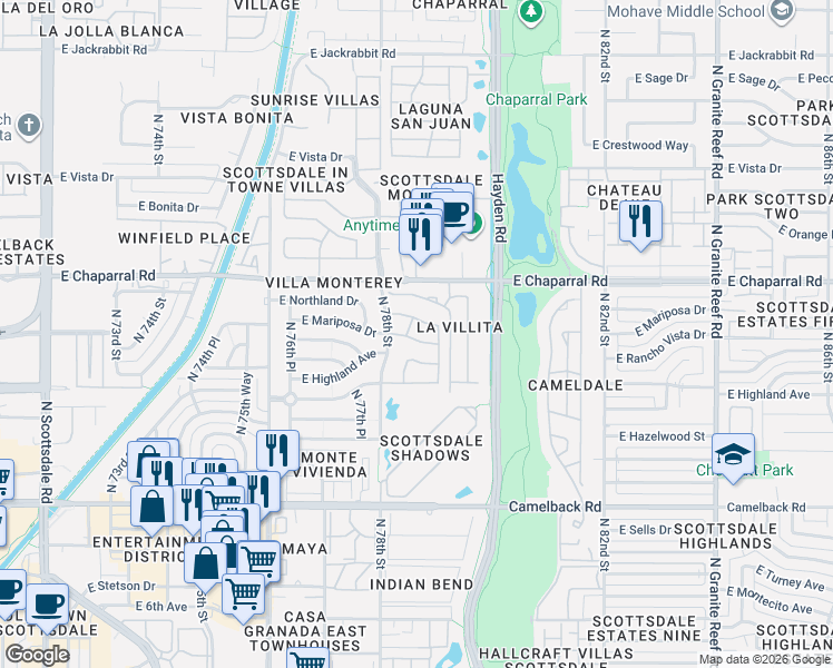 map of restaurants, bars, coffee shops, grocery stores, and more near 7816 North 78th Place in Scottsdale