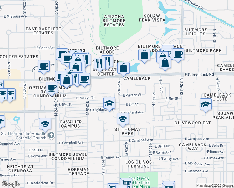 map of restaurants, bars, coffee shops, grocery stores, and more near 4744 North 28th Street in Phoenix