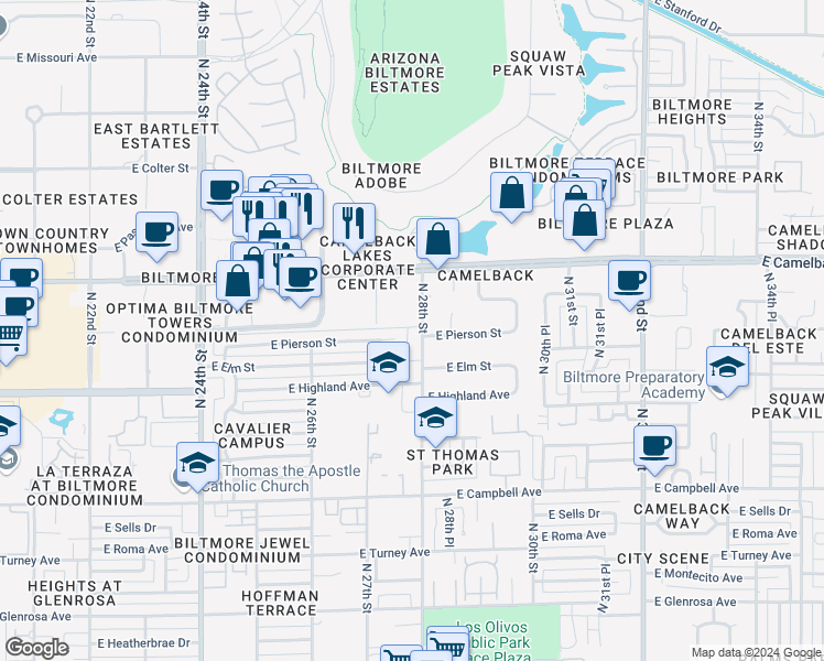map of restaurants, bars, coffee shops, grocery stores, and more near 4744 North 28th Street in Phoenix