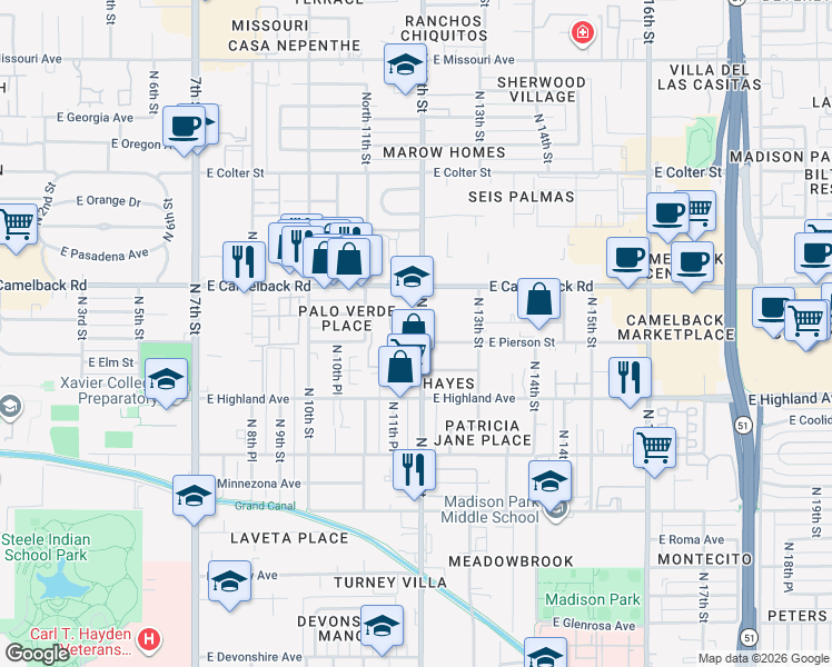 map of restaurants, bars, coffee shops, grocery stores, and more near 4735 North 12th Street in Phoenix