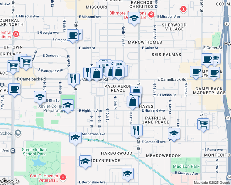 map of restaurants, bars, coffee shops, grocery stores, and more near 1035 East Pierson Street in Phoenix