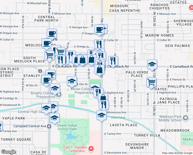map of restaurants, bars, coffee shops, grocery stores, and more near 522 East Pierson Street in Phoenix