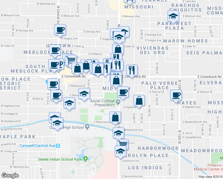 map of restaurants, bars, coffee shops, grocery stores, and more near 522 East Pierson Street in Phoenix