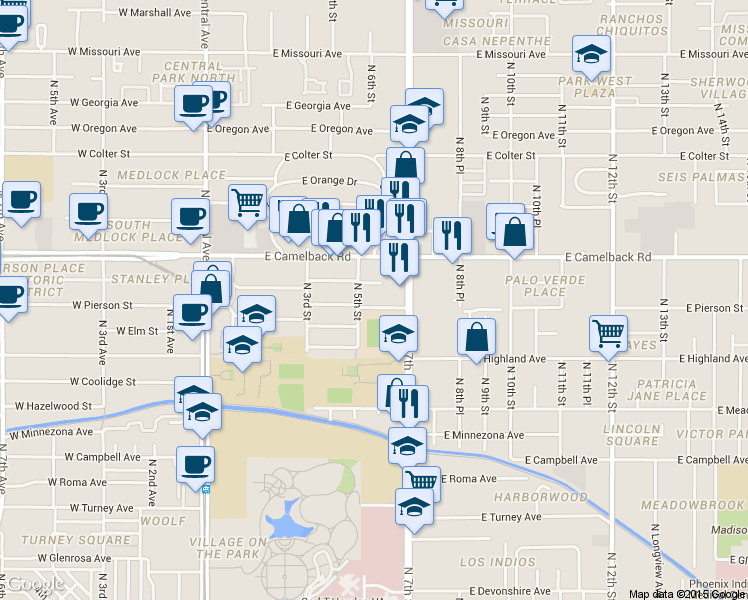map of restaurants, bars, coffee shops, grocery stores, and more near 522 East Pierson Street in Phoenix