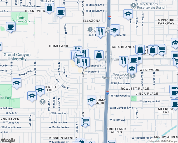 map of restaurants, bars, coffee shops, grocery stores, and more near 4737 North 26th Lane in Phoenix