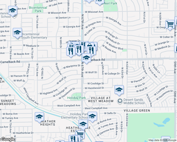 map of restaurants, bars, coffee shops, grocery stores, and more near 6540 West Highland Avenue in Phoenix