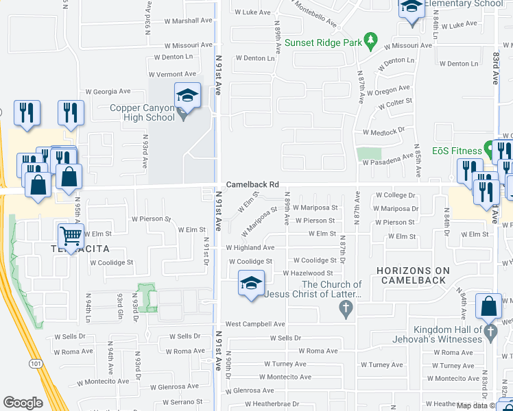 map of restaurants, bars, coffee shops, grocery stores, and more near 4701 North 91st Drive in Phoenix
