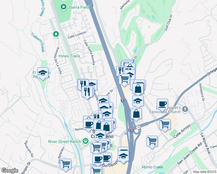 map of restaurants, bars, coffee shops, grocery stores, and more near 31372 La Matanza Street in San Juan Capistrano