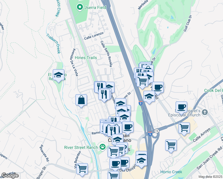 map of restaurants, bars, coffee shops, grocery stores, and more near 31351 El Camino Real in San Juan Capistrano