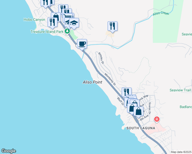 map of restaurants, bars, coffee shops, grocery stores, and more near 17 Camel Point Drive in Laguna Beach