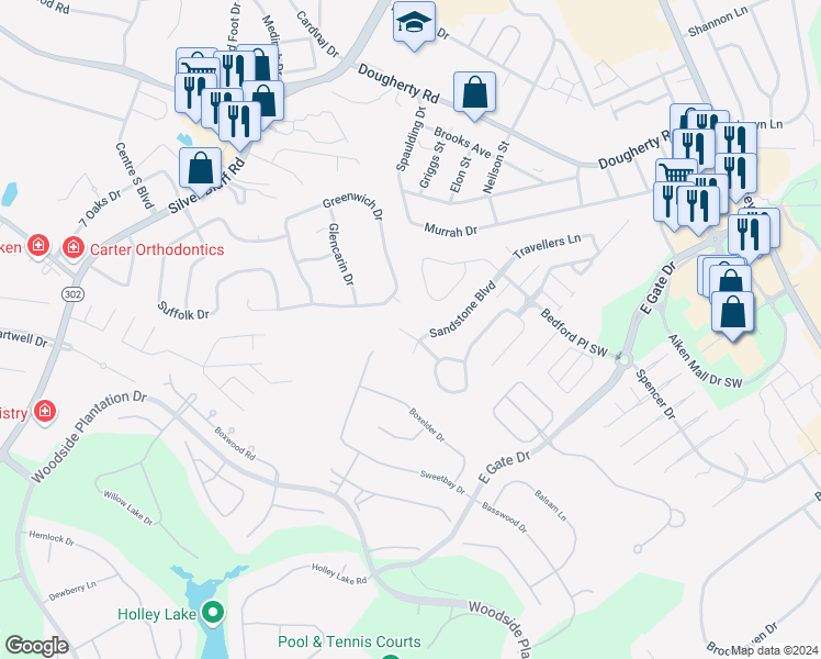map of restaurants, bars, coffee shops, grocery stores, and more near 177 Sandstone Boulevard in Aiken