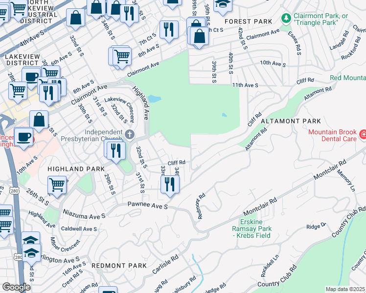 map of restaurants, bars, coffee shops, grocery stores, and more near 3400 Cliff Road in Birmingham