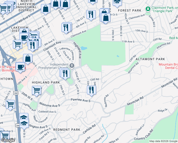 map of restaurants, bars, coffee shops, grocery stores, and more near 3300 Cliff Road in Birmingham