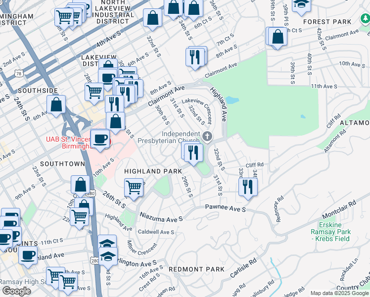 map of restaurants, bars, coffee shops, grocery stores, and more near 1131 30th Street South in Birmingham