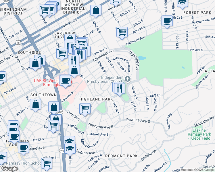 map of restaurants, bars, coffee shops, grocery stores, and more near in Birmingham