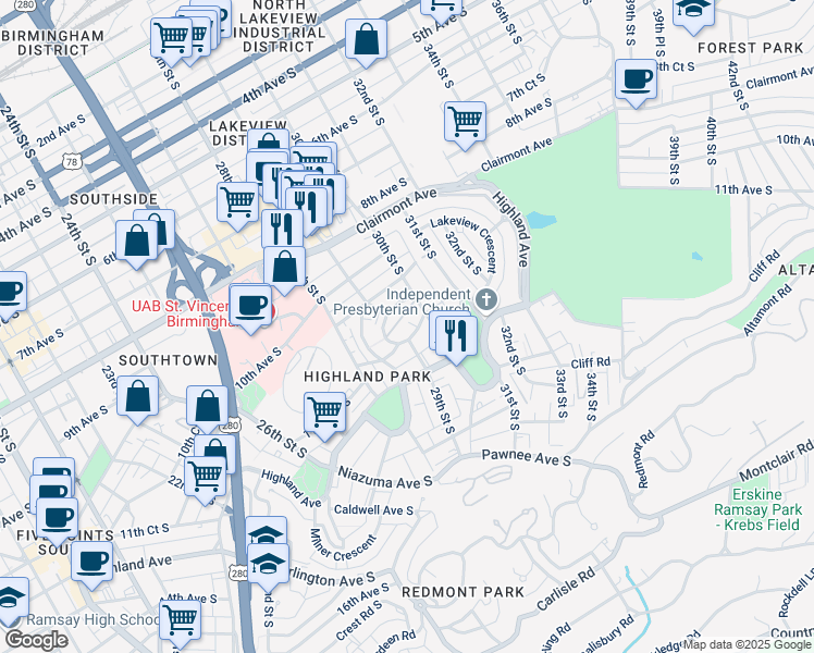 map of restaurants, bars, coffee shops, grocery stores, and more near in Birmingham