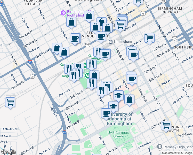 map of restaurants, bars, coffee shops, grocery stores, and more near in Birmingham