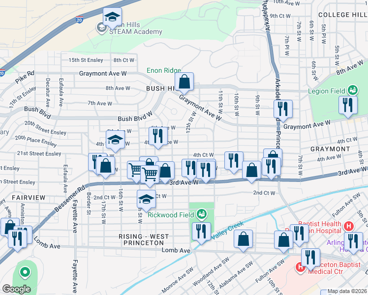 map of restaurants, bars, coffee shops, grocery stores, and more near 1211 4th Court West in Birmingham