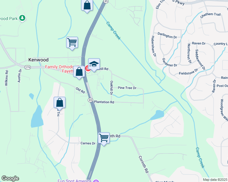 map of restaurants, bars, coffee shops, grocery stores, and more near 115 Pine Tree Drive in Fayetteville
