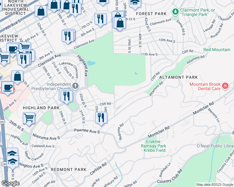map of restaurants, bars, coffee shops, grocery stores, and more near 3441 Cliff Road in Birmingham