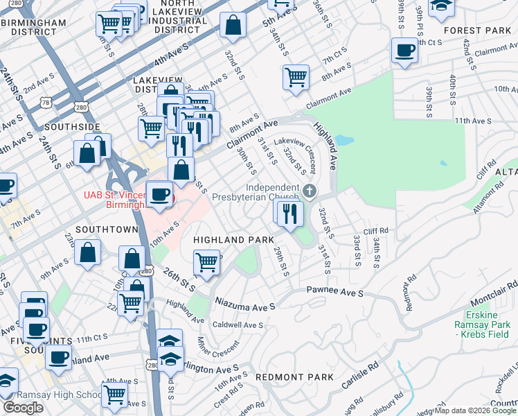 map of restaurants, bars, coffee shops, grocery stores, and more near 2964 Rhodes Circle South in Birmingham