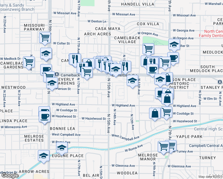 map of restaurants, bars, coffee shops, grocery stores, and more near 4732 North 14th Avenue in Phoenix