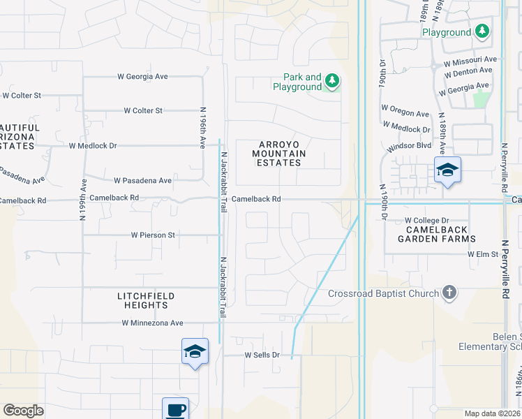 map of restaurants, bars, coffee shops, grocery stores, and more near 19404 West Mariposa Drive in Litchfield Park