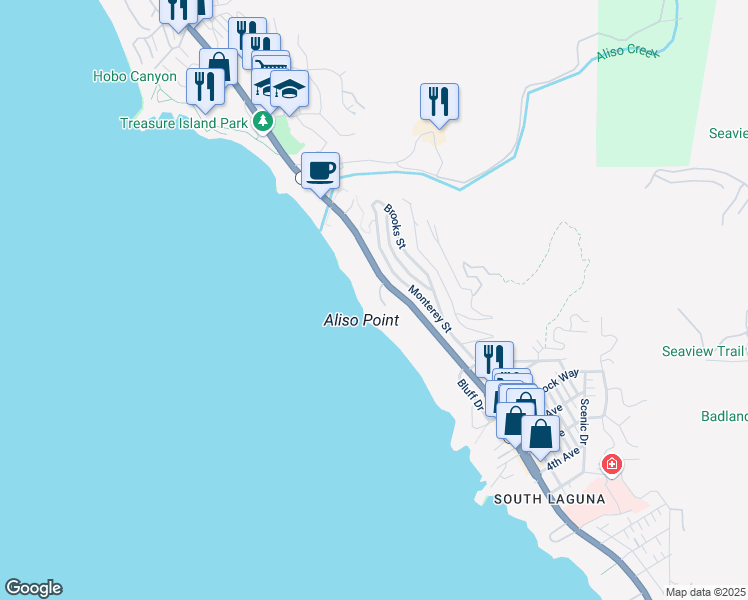 map of restaurants, bars, coffee shops, grocery stores, and more near 7 Camel Point Drive in Laguna Beach