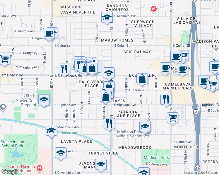 map of restaurants, bars, coffee shops, grocery stores, and more near 4735 North 12th Street in Phoenix