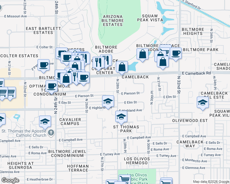 map of restaurants, bars, coffee shops, grocery stores, and more near 4744 North 28th Street in Phoenix
