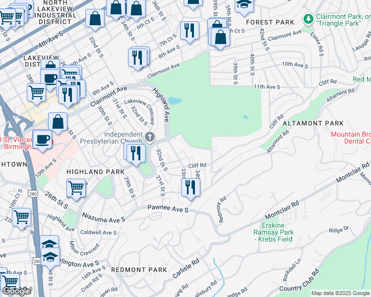 map of restaurants, bars, coffee shops, grocery stores, and more near 3300 Cliff Road in Birmingham