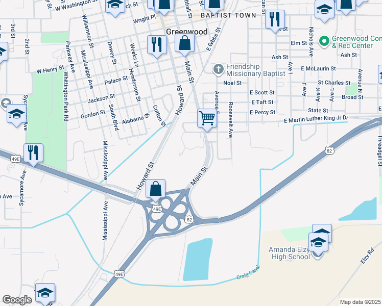 map of restaurants, bars, coffee shops, grocery stores, and more near 1620 Main Street in Greenwood
