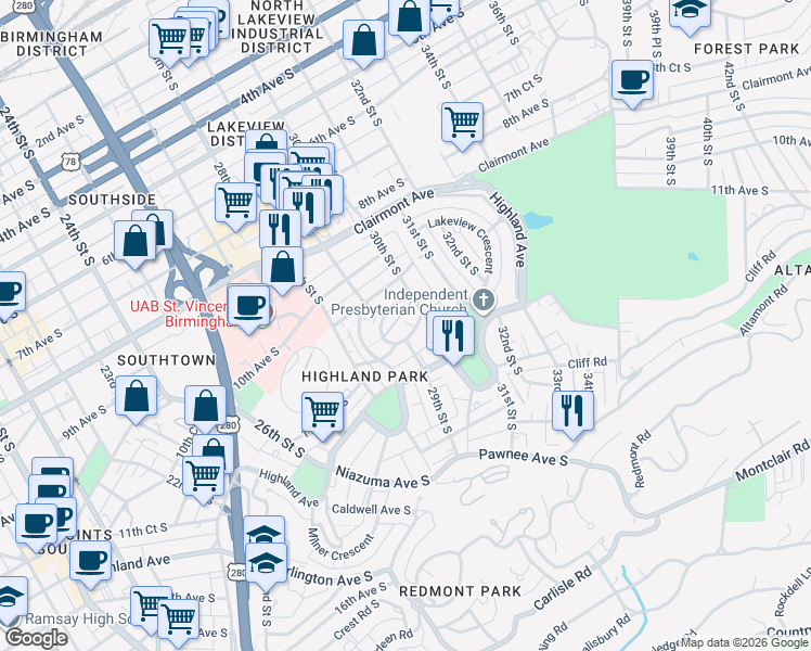 map of restaurants, bars, coffee shops, grocery stores, and more near in Birmingham