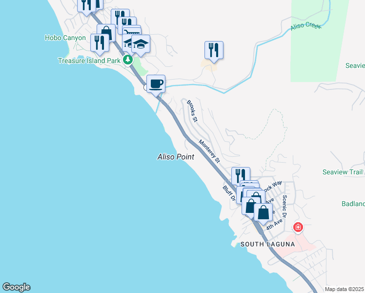 map of restaurants, bars, coffee shops, grocery stores, and more near 7 Camel Point Drive in Laguna Beach