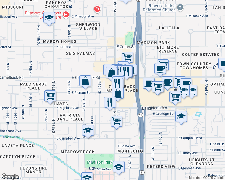 map of restaurants, bars, coffee shops, grocery stores, and more near 4730 North 16th Street in Phoenix