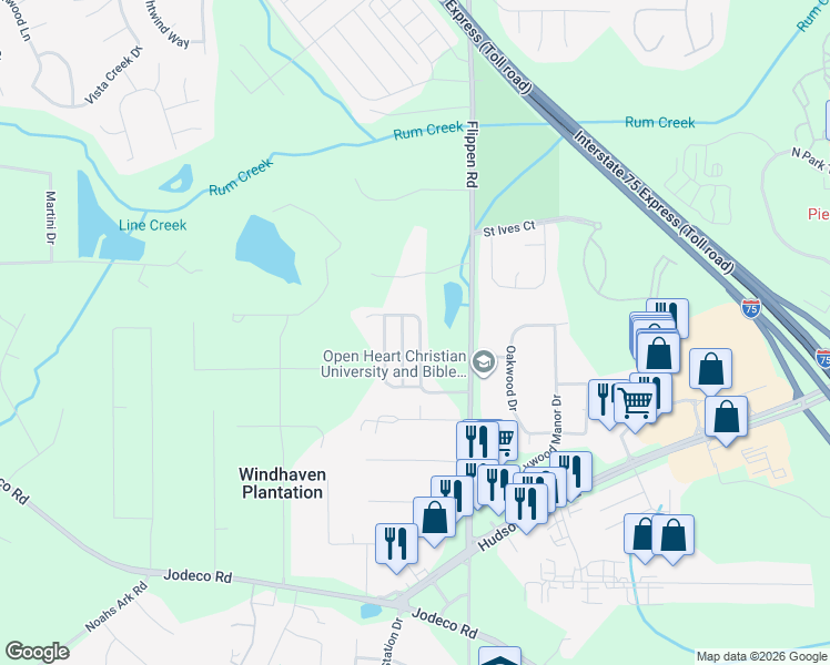 map of restaurants, bars, coffee shops, grocery stores, and more near 152 Watercress Court in Stockbridge