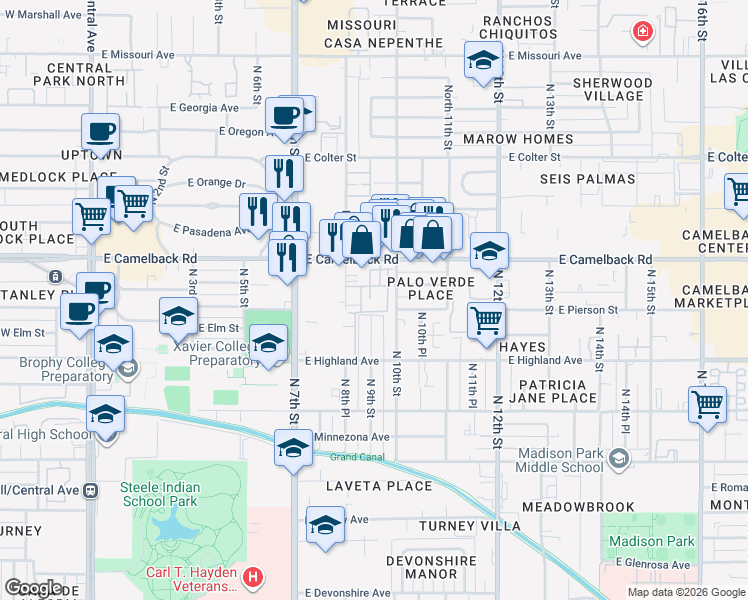 map of restaurants, bars, coffee shops, grocery stores, and more near 909 East Camelback Road in Phoenix