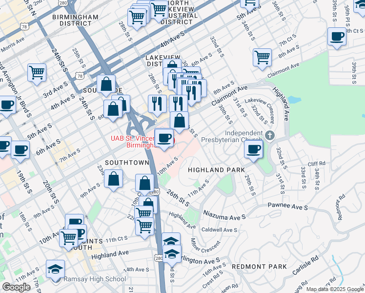 map of restaurants, bars, coffee shops, grocery stores, and more near 2728 10th Avenue South in Birmingham