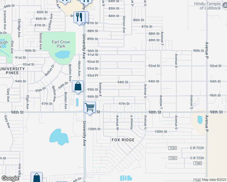 map of restaurants, bars, coffee shops, grocery stores, and more near 2307 95th Street in Lubbock