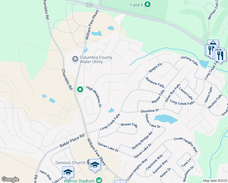 map of restaurants, bars, coffee shops, grocery stores, and more near 3208 Sweet Meadow Court in Grovetown