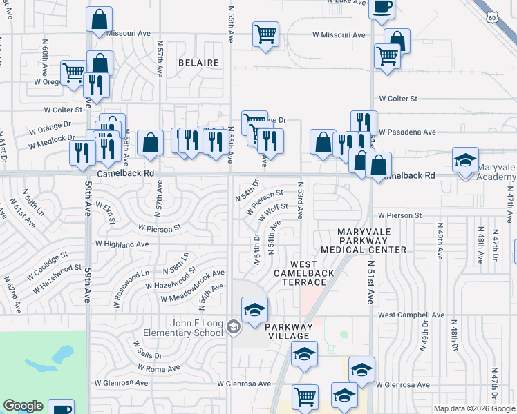 map of restaurants, bars, coffee shops, grocery stores, and more near 4841 North 54th Drive in Phoenix