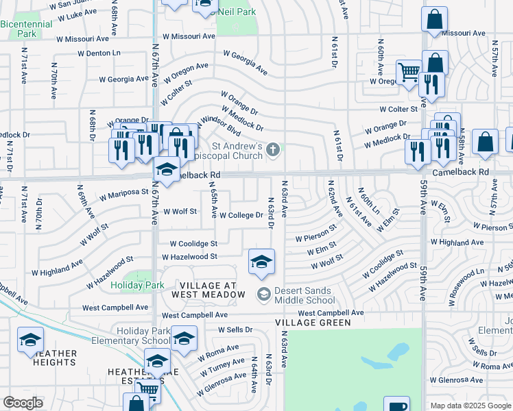map of restaurants, bars, coffee shops, grocery stores, and more near 4814 North 63rd Lane in Phoenix